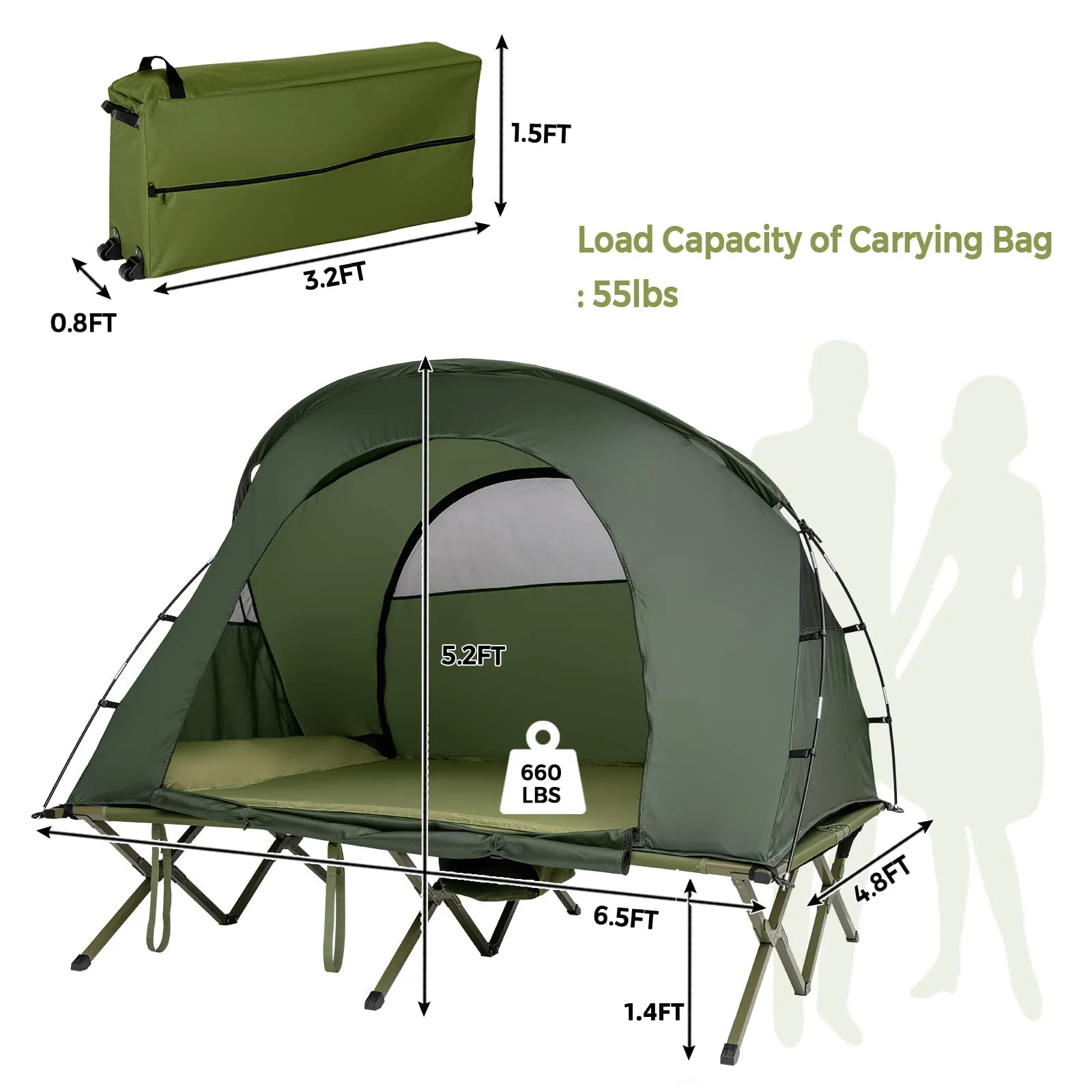 Self-Inflating Portable Off-Ground Elevated Double-Layer All-Season Tent Waterproof Rainfly Polyester Fabric Carrying Tent