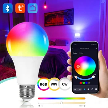 Tuya 스마트 블루투스 LED 전구, RGB 램프, 밝기 조절, 앱 제어, 홈 룸 장식, AC 220V, 110V, E27, 9W 