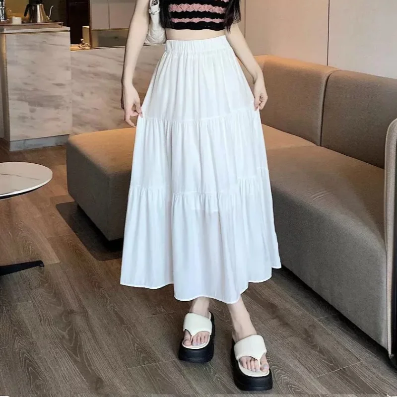 أنيقة الصلبة ألف خط كعكة التنانير الطويلة أزياء المرأة خمر عالية الخصر مطاطا الربيع فساتين مكتب سيدة تخفيف تنورة أنيقة