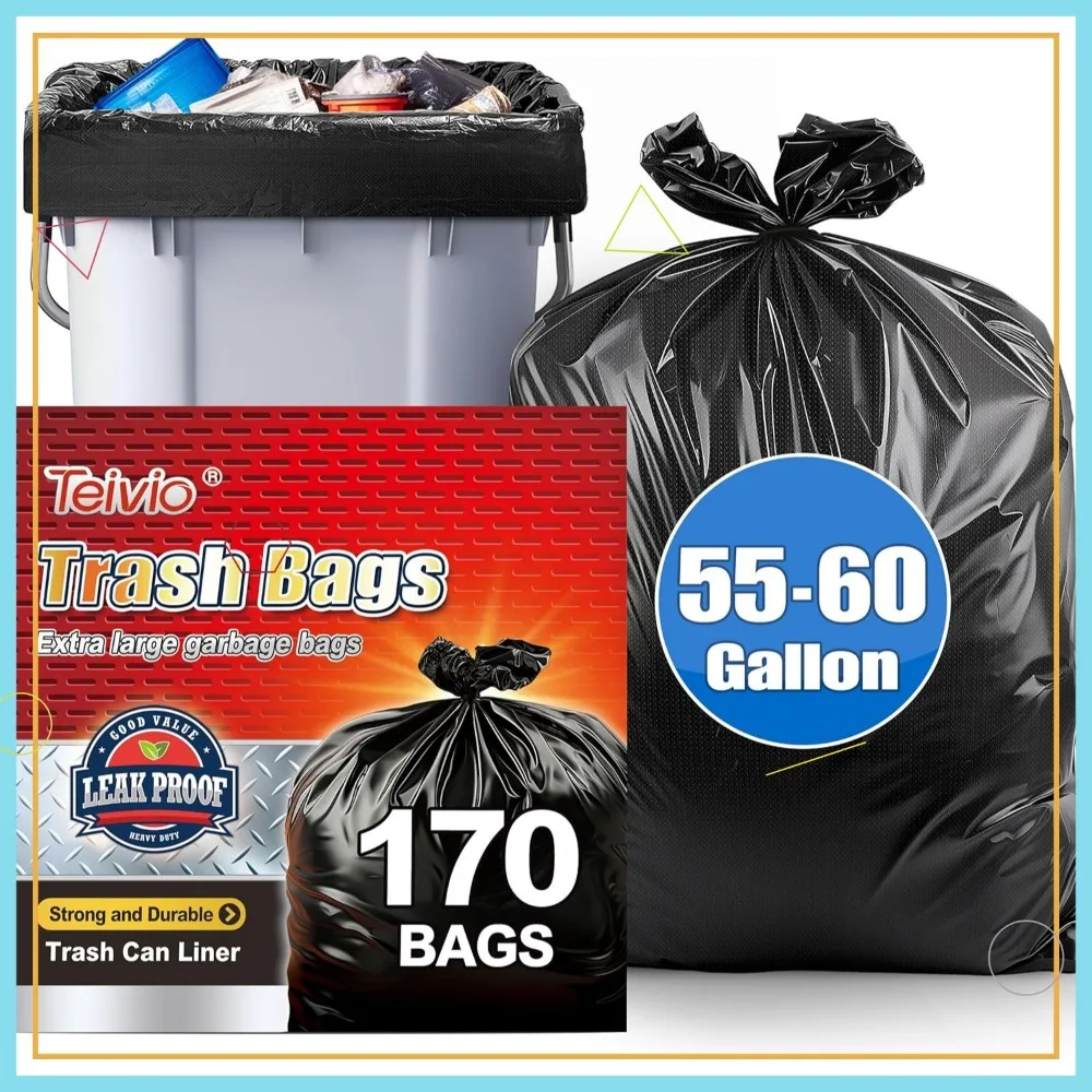 

55-60 Gallon Heavy Duty Trash Bags, 170 Count Extra Large Commercial Garbage Bags for Outdoor Yard Waste