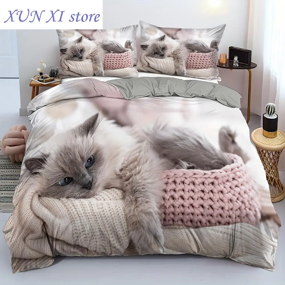 

New Lovely Pet Cat Duvet Cover Set (1 Duvet Cover 1/2 Pillowcase) Soft Comfortable Cute Kitten Bedding Set For Bedroom Dorm Room