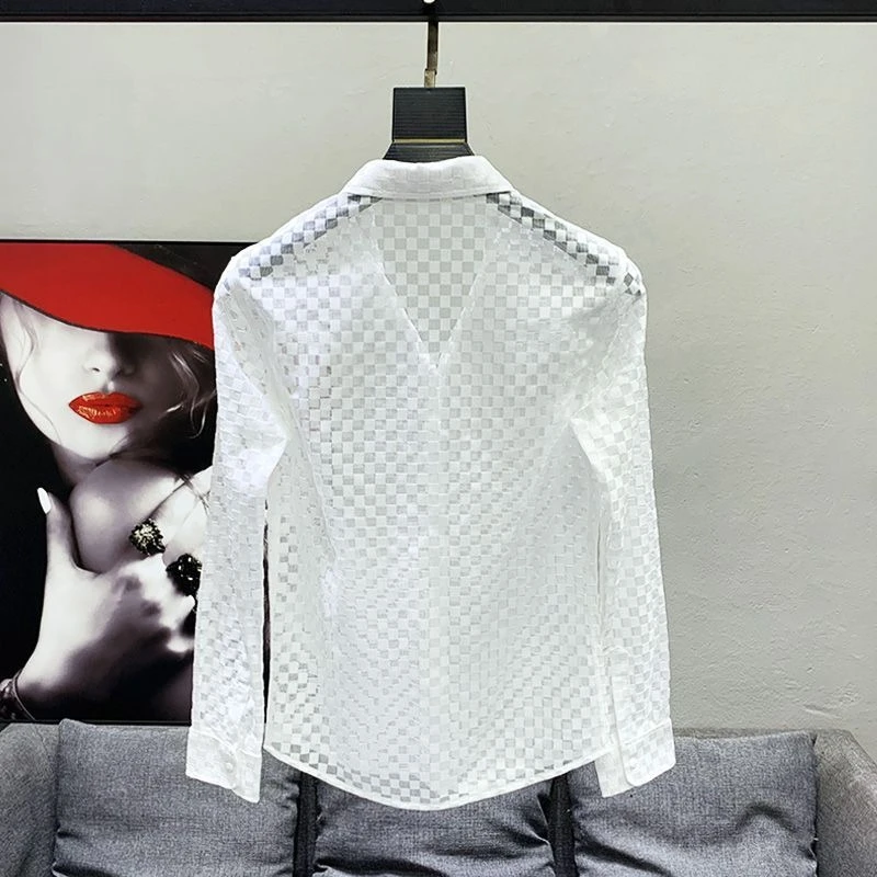 2026 Spring Autumn Men Mesh Sheer Long Sleeve Shirt Slim Fit Hollow Out Fashion Top