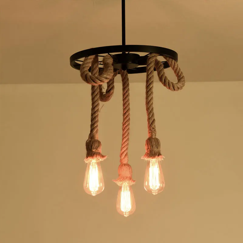 Vintage Loft Hemp Rope Chandelier Retro Ceiling Light Bar Corridor Fixture Dining Room Lamp Restaurant Bedroom Pendant Lamp