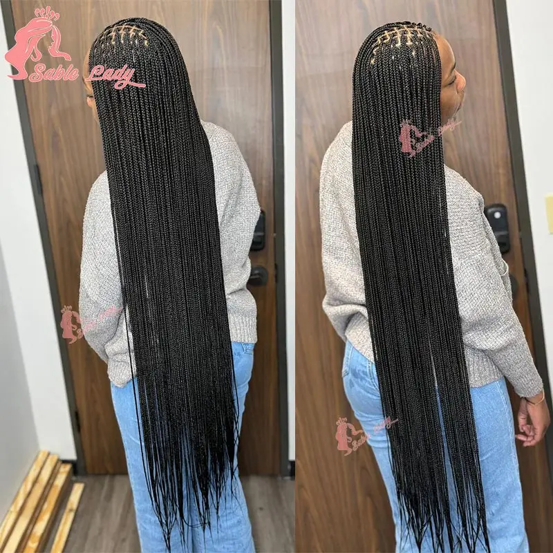 Full Lace Cornrow trançado perucas para mulheres negras, 36 polegadas, cabelo longo, reto, Knotless, caixa pequena, torção trançada