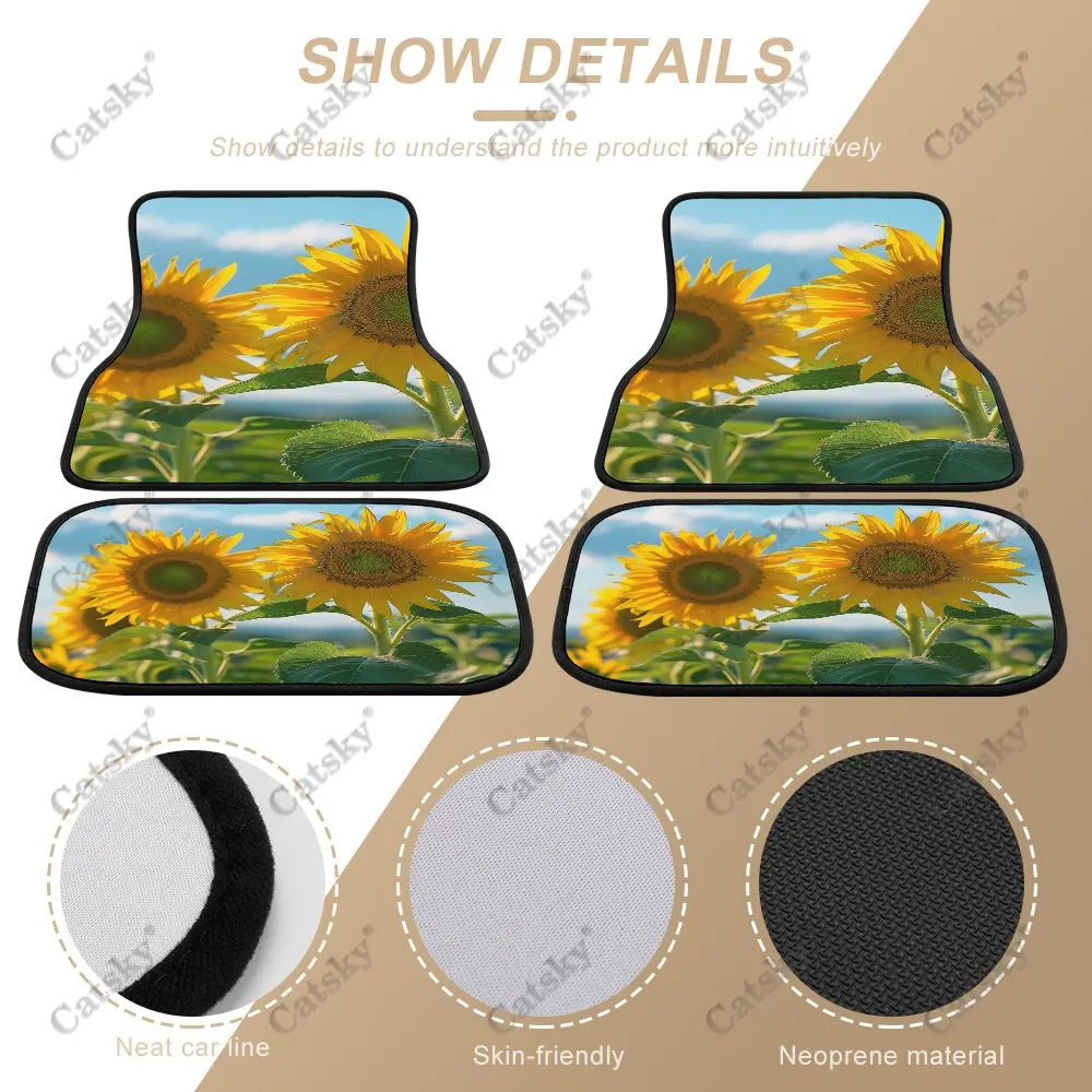 Sunflowers White Clouds Sky Car Floor Mats 4piece Front Rear Carpet Stain-resistant Complete Set Suitable for SUV Truck Interior