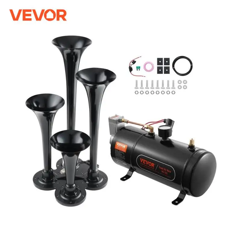 VEVOR Train Horns Kit 4 Trumpet Air Horn Kit Train Horns 12V 120 psi Air Compressor for Any 12V Vehicle Car Truck Train Van Boat