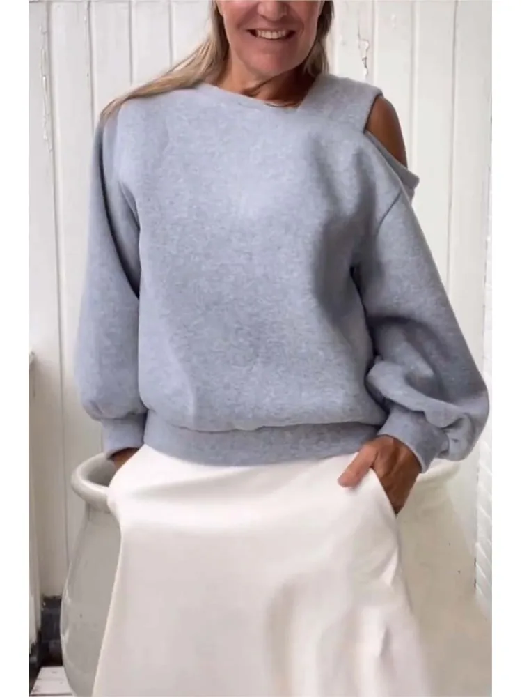 Elegant Slant Collar Off-shoulder Long-sleeved Women\'s Sweatshirt Fashion Solid Color Loose Office Pullover Sweatshirt Female