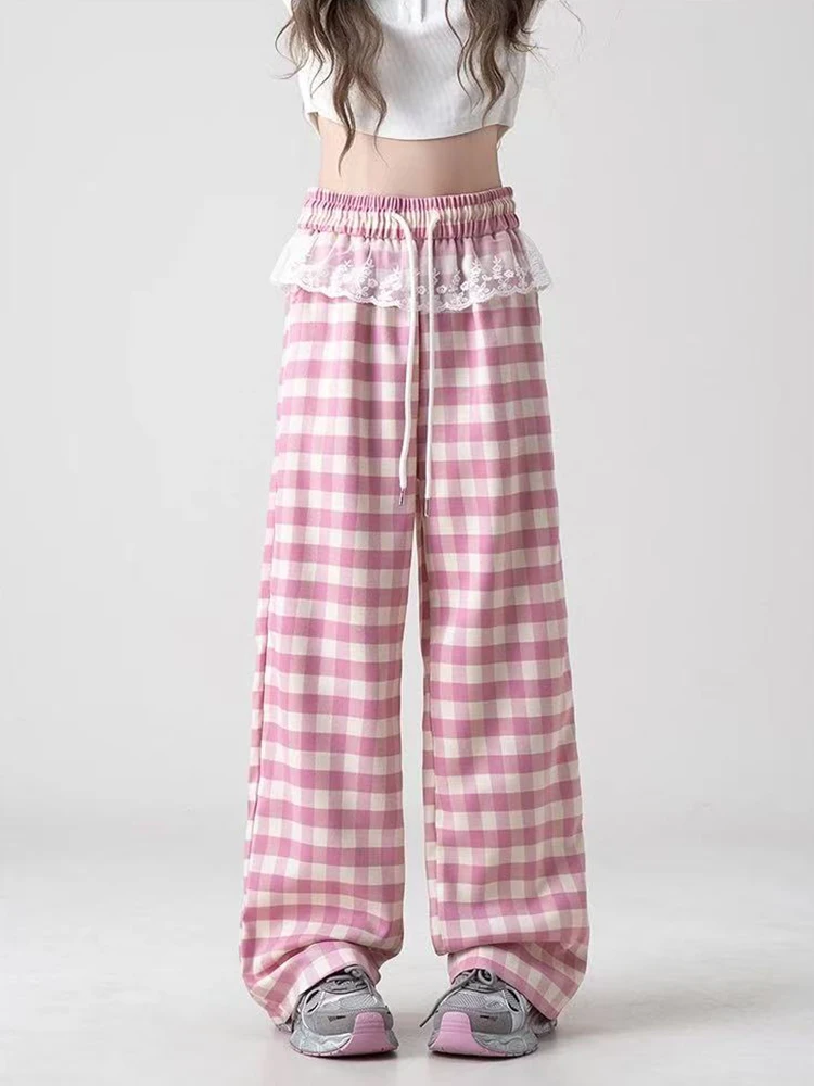 

Lace Patchwork Plaid Wide Leg Pants Women Summer Loose Thin Drawstring Casual Pants High Waist Vintage Sweet Straight Trousers