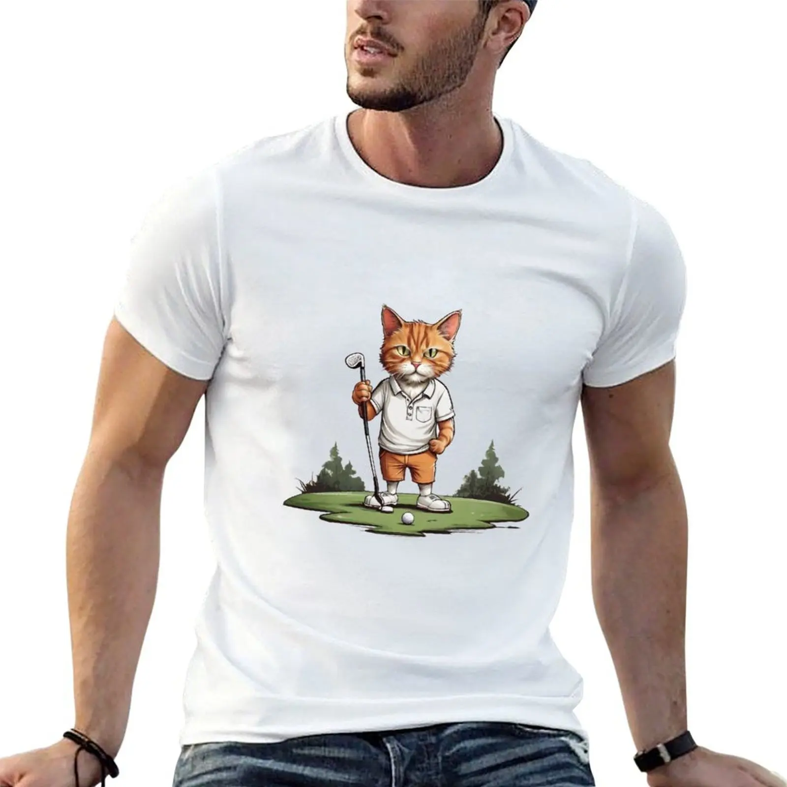 

Happy cat playing golf T-Shirt man t shirts for men casual man t shirts for men T-Shirt
