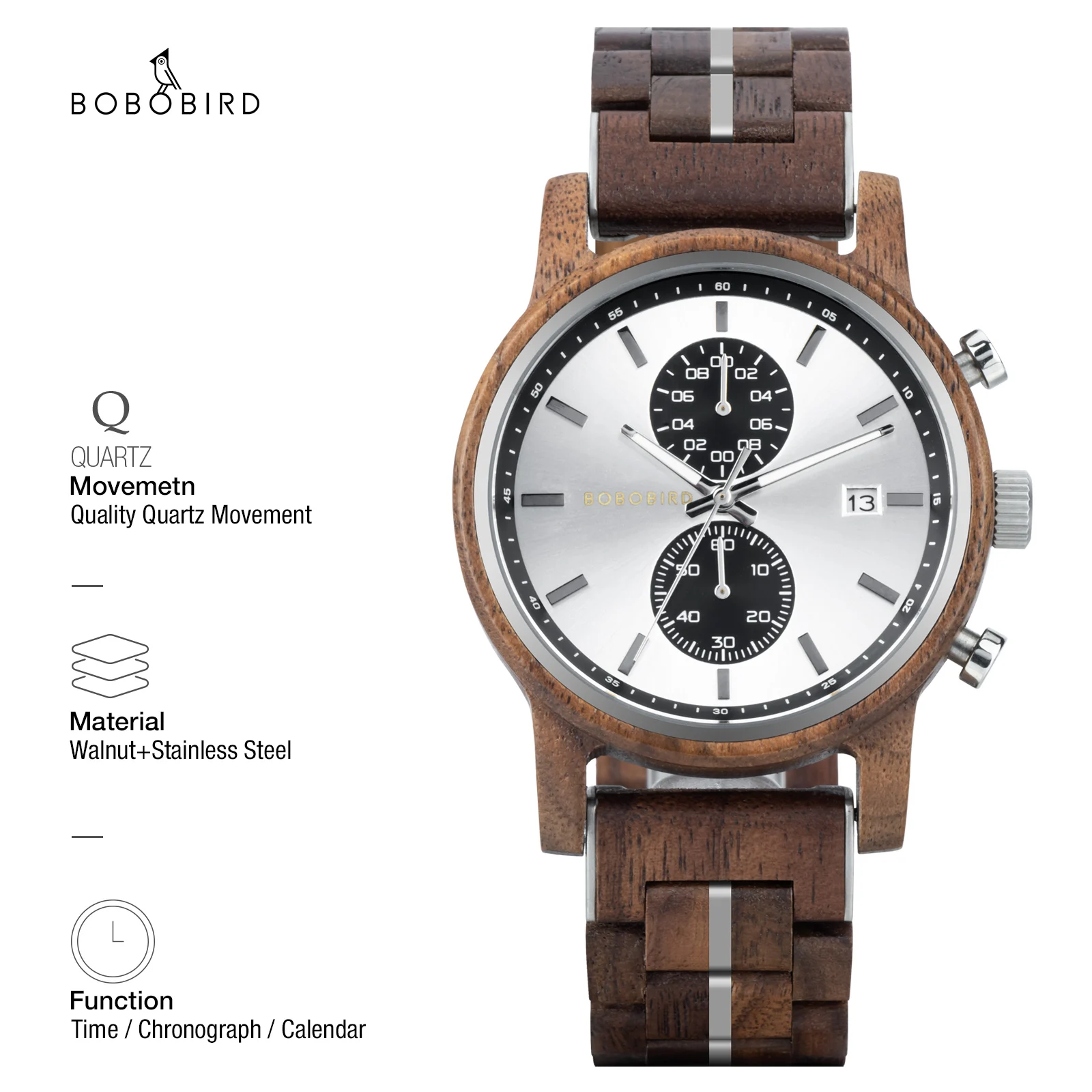 

New BOBOBIRD Wooden Men's Watch Top Japanese Miyota Wristwatch Sports Chronograph Calendar Custom Gift Box Relogio Masculino