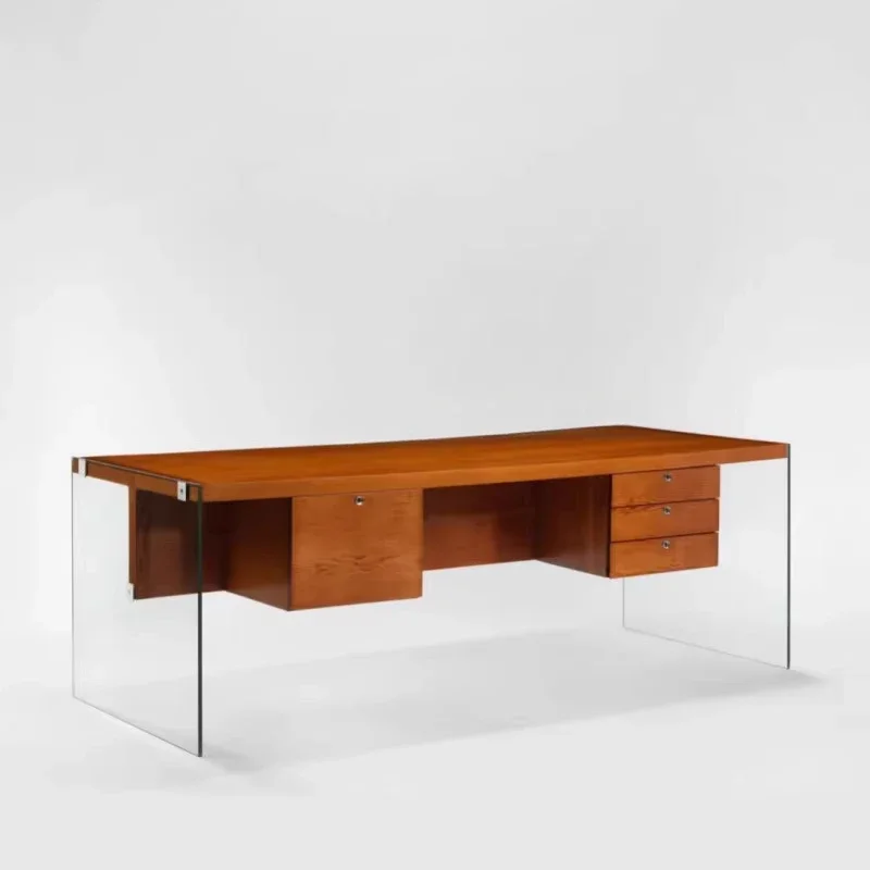 M Medieval Style Desk Glass Retro Designer Cherry Wood Color Desk Wabi **** Style Modern Simple High-end
