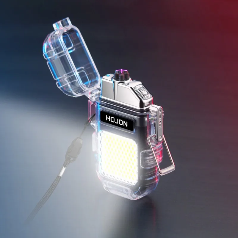 

Electric Torch Transparent Waterproof Dual ARC Windproof Lighter, USB Rechargeable with LED Light, Outdoor Camping Gift