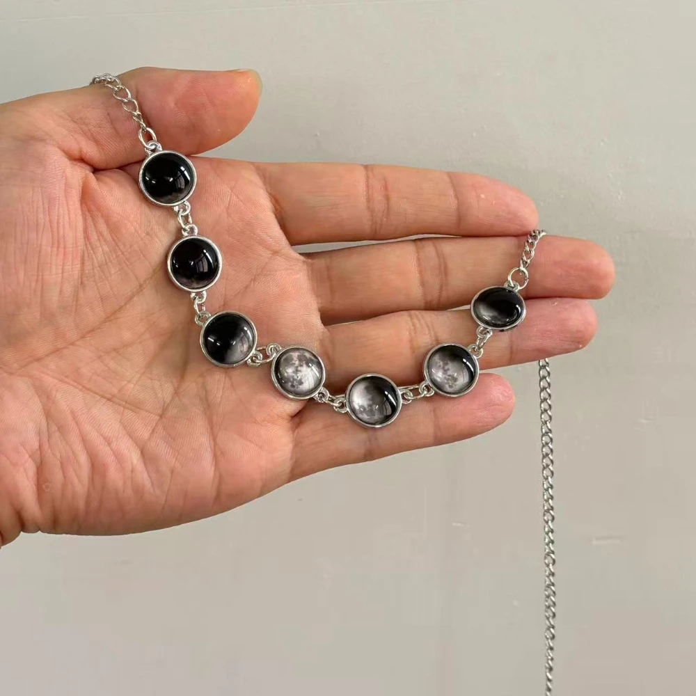 Gothic Y2k Moon Phase Choker Silver Tone Lunar Cycle Celestial Necklace for Women Witchy Wiccan Halloween Party Jewelry Gifts