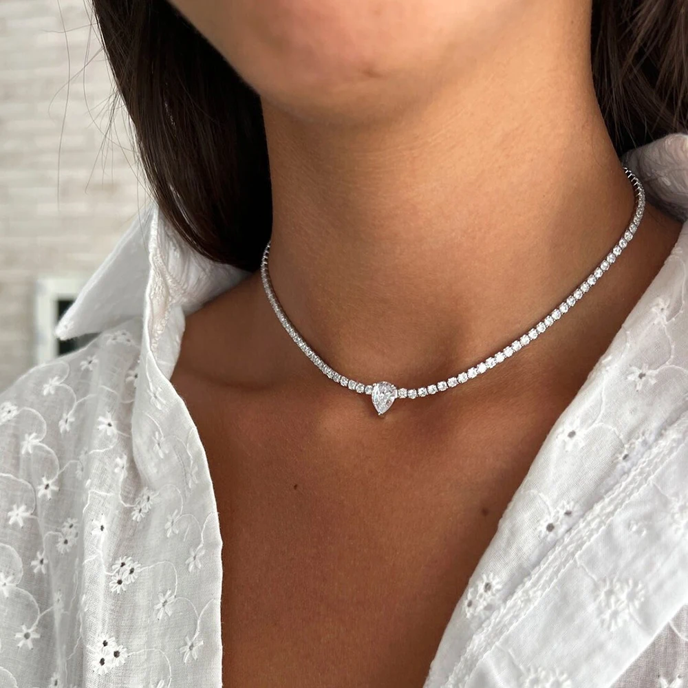 Certified FullPaved D Color VVS1 Moissanite Riviera Tennis Necklace with Waterdrop Pendant for Women, S925 Sterling Silver Adjustable Choker Pass Diamond Tester, Luxury Fine Statement Jewelry Anniversary Birthday Gift