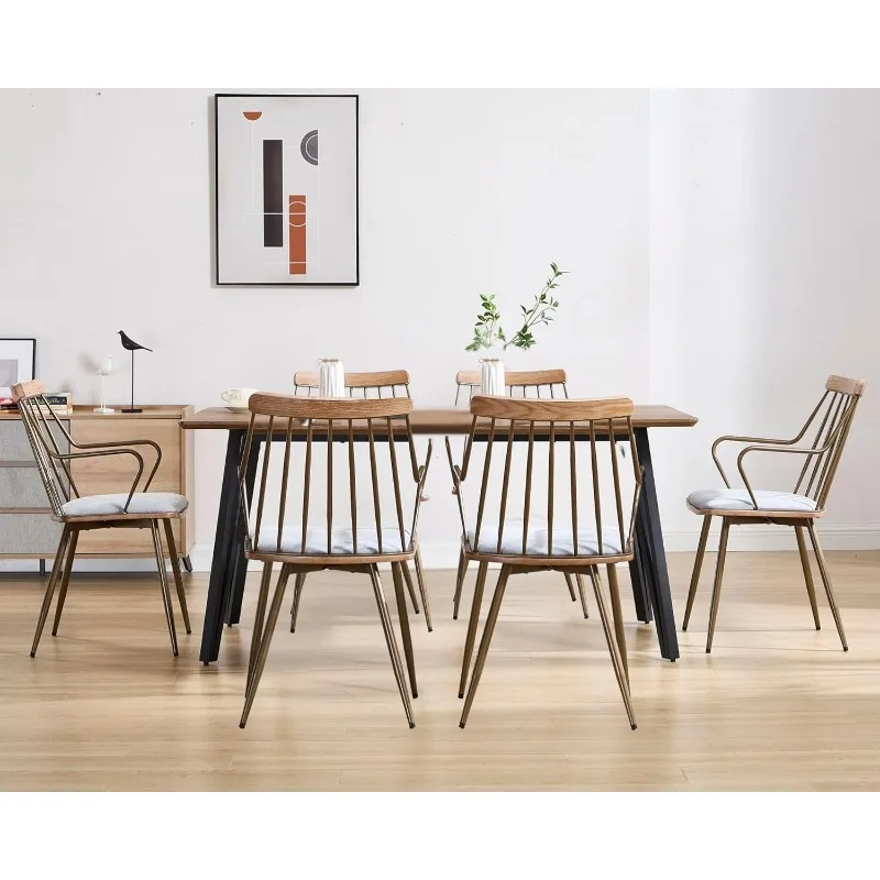 

y Современные обеденные стулья, набор из 6 шт., стулья для столовой с серой льняной обивкой, подлокотниками и металлическими ножками, шпиндель для фермерского дома