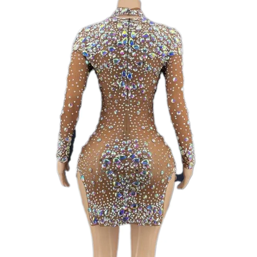 Brown Shining Rhinestones Sparkly Crystal Long Sleeves High Neck Sexy Women Sheath Dress Nightclub Bar Cloth Stage Costumes