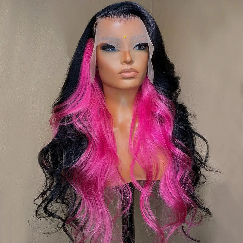 FANXITION Black/Pink Highlight Long Body Wave Synthetic Lace Front Wigs for Women Half Hand Tied Natural Looking Daily Wear Wigs