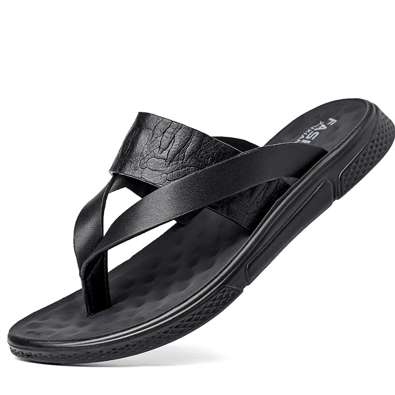 

Summer New Designer Flip-flops for Men Fashion Casual Crocodile Print Outdoor Waterproof Sandal Black Leather Slippers Shoes Man