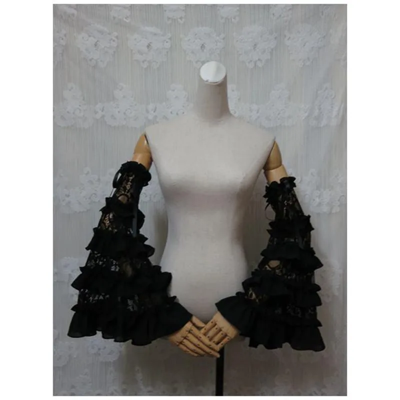 White Lolita Cosplay Big Sleeves Black Ruffled Lace Embroidery Big Flare Butterfly Sleeve Bowknot Prom Party Navy Blue Glove