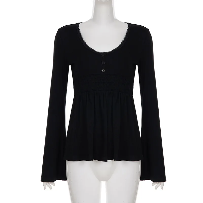Schwarzes Spitzen-Peplum-Top für Damen mit Puppenkragen, Y2K-Bluse mit ausgestellten Ärmeln und A-Linien-Schnitt, Babydoll-Stil mit Knopfdetails – Detail 6