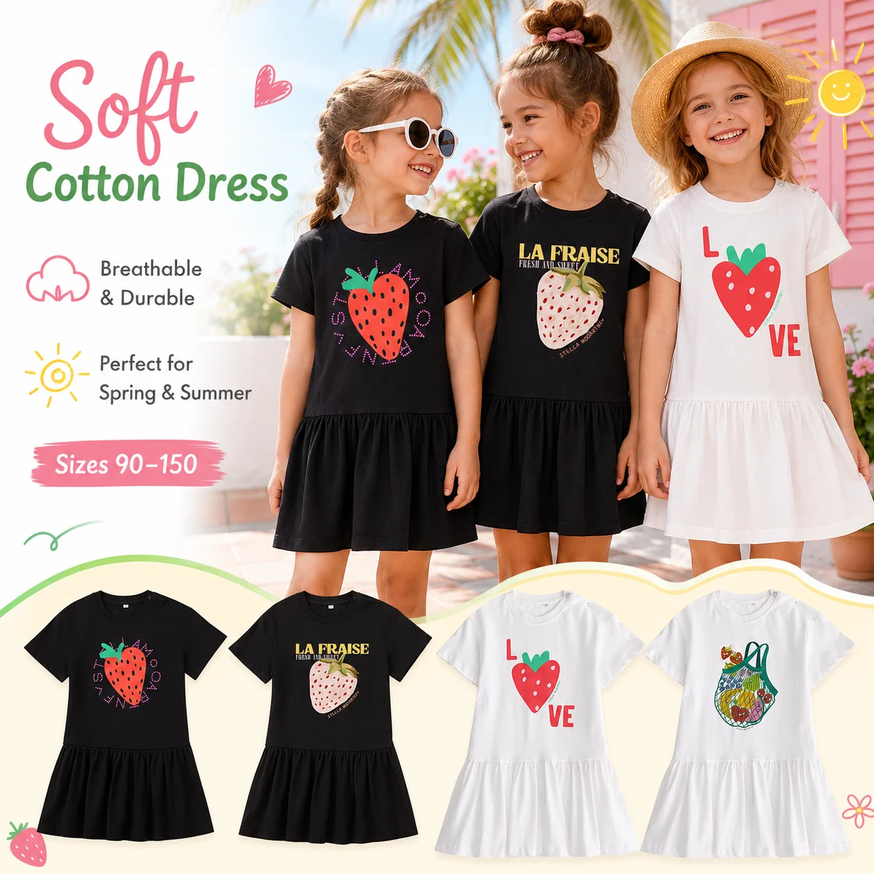 Cute strawberry baby girls dress summer kids clothes Fruit letter print Child girl princess dress casual Short sleeved Dresses