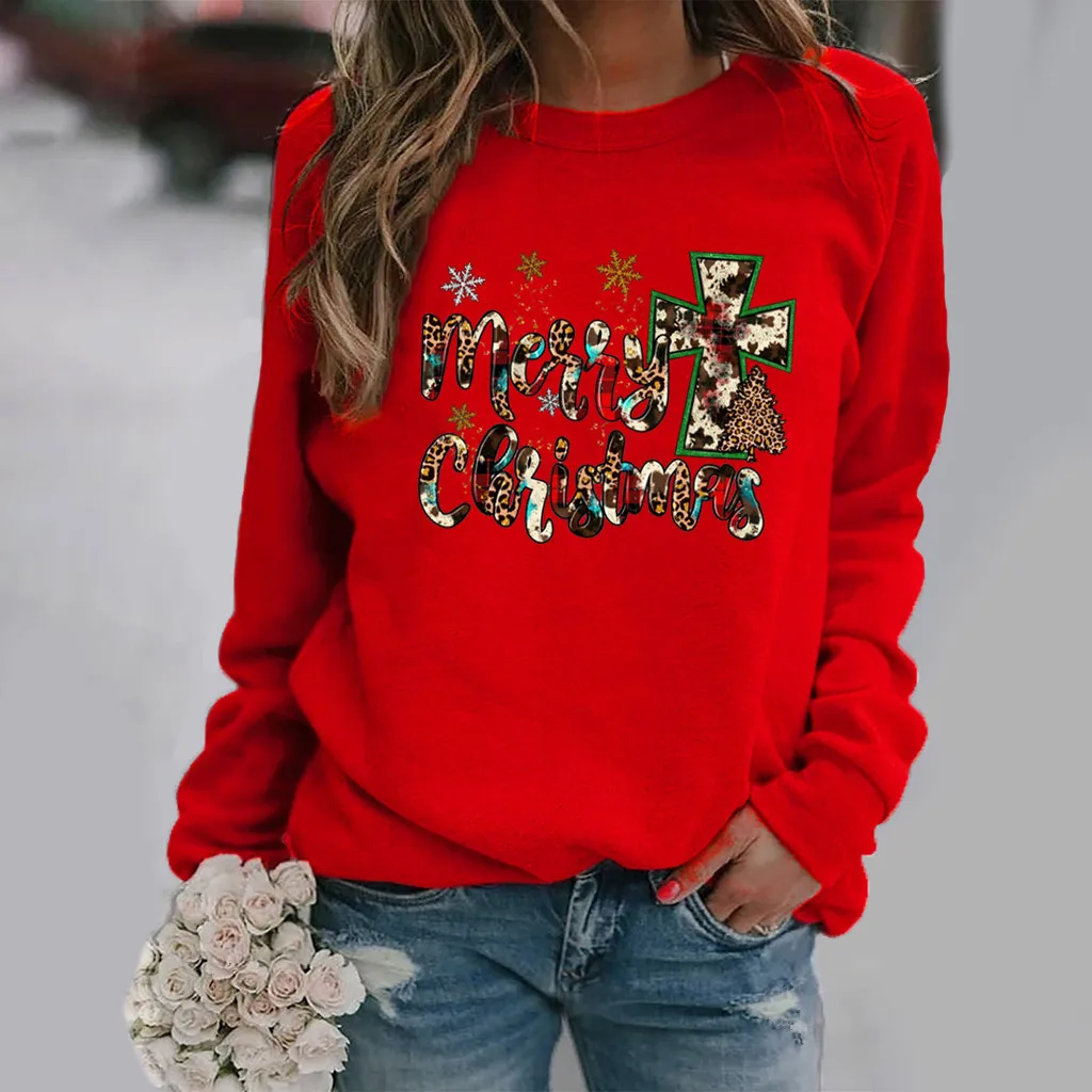 

Christmas Letter Skeleton Hand Print Long Sleeve Crew Neck Hoodie for Women Sweatshirt Aesthetic Sweatshirts