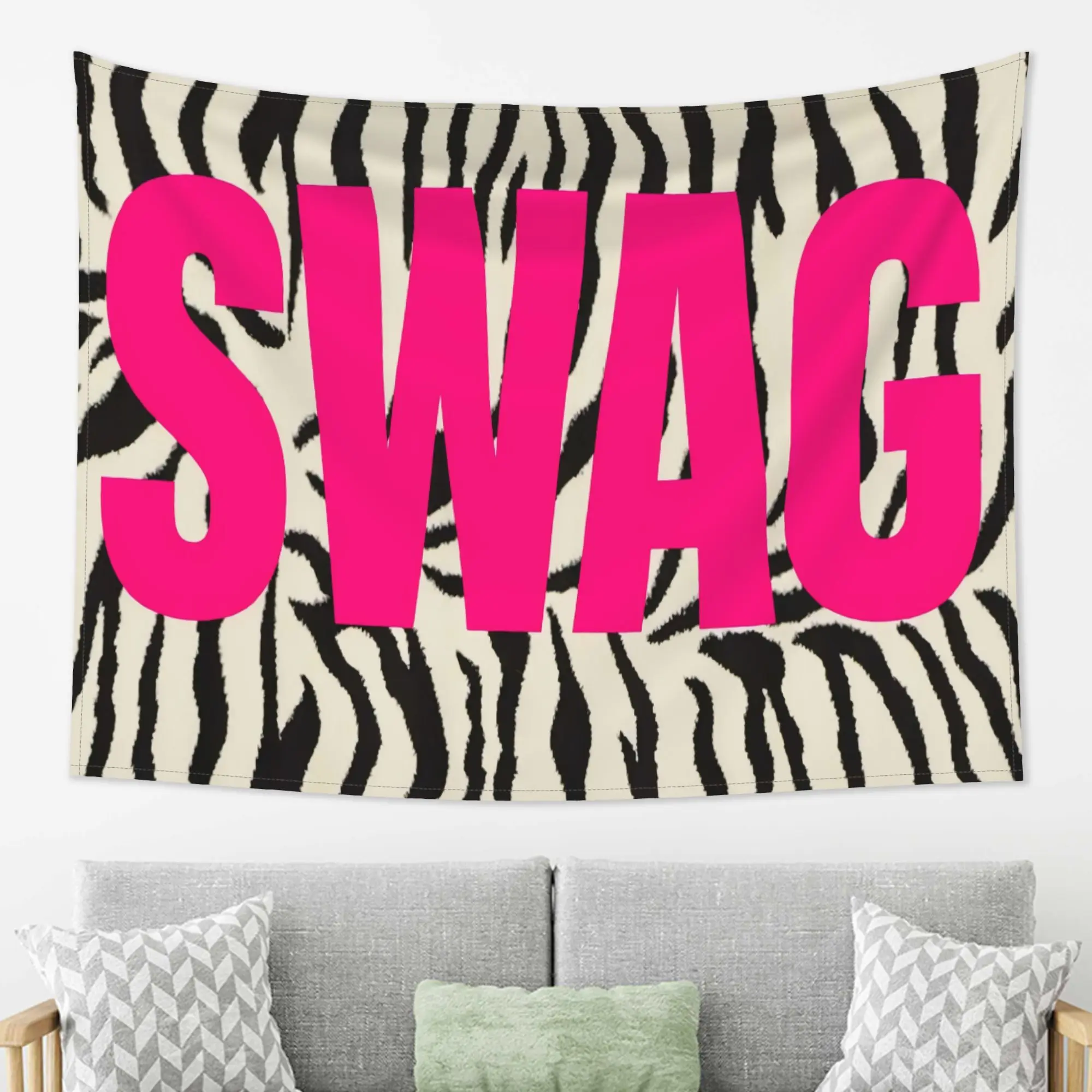 Pink SWAG Letter Zebra Print Tapestry, Y2K Aesthetic Black White Animal Stripe Wall Hanging, Modern Trendy Fabric Wall Tapestry