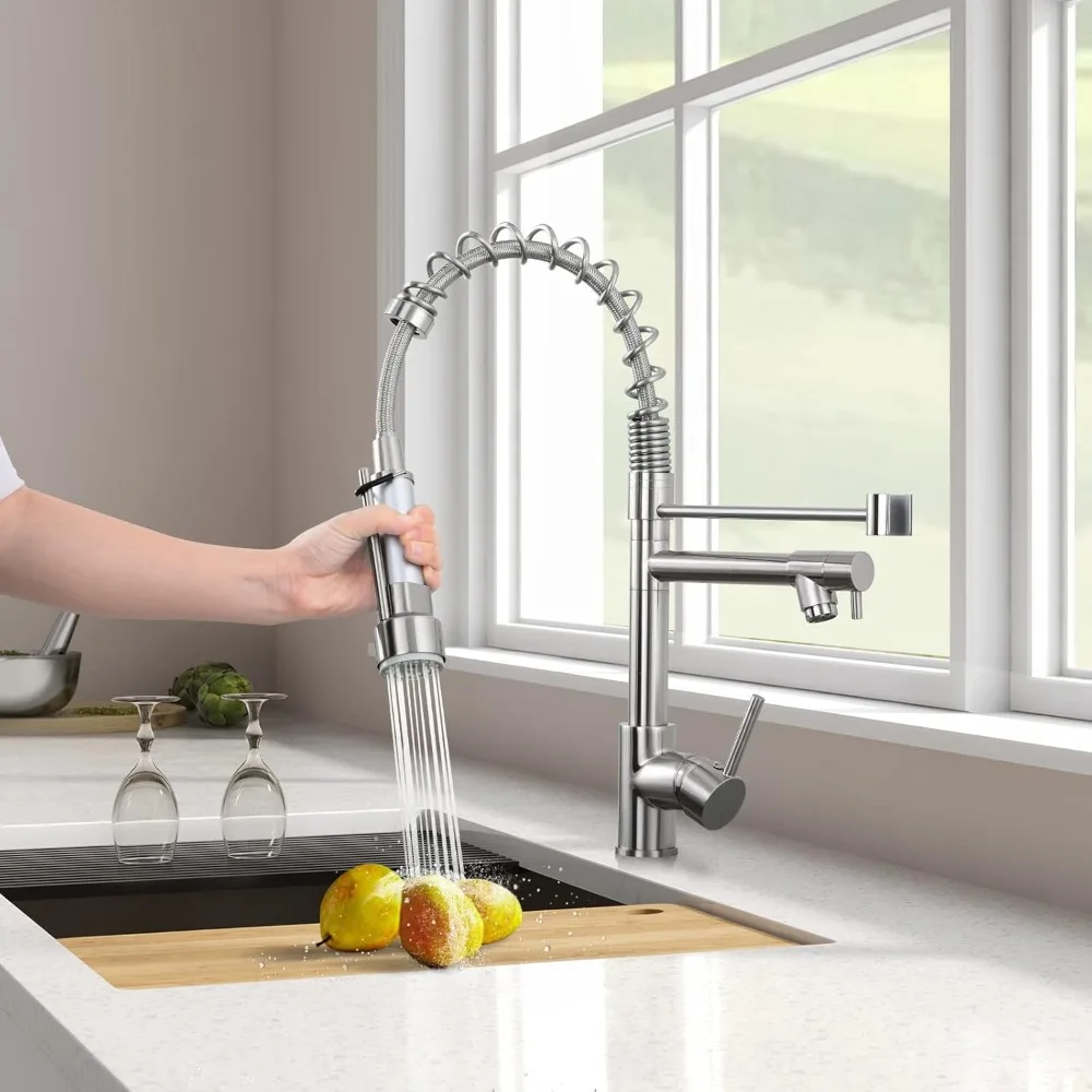 Contemporary Kitchen Faucet with Pull Down Sprayer, Stainless Steel Single Handle Spring Kitchen Sink Faucets