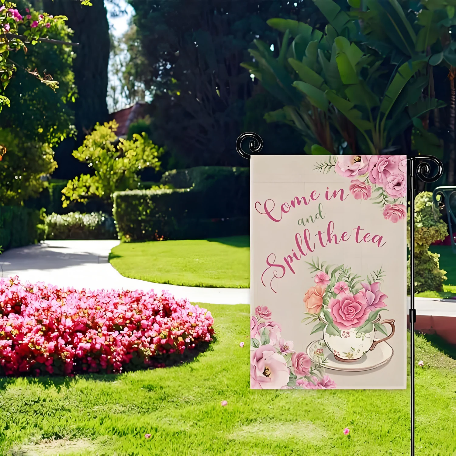 New Tea party garden flag Teapot Flower decoration atmosphere Polyester Garden Outdoor decoration Outdoor garden flag scene