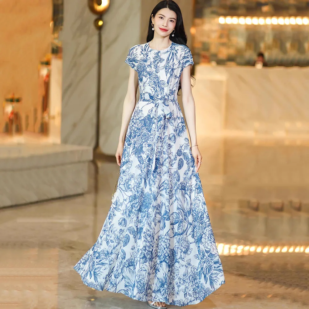

New Women Summer Blue Print Dress Fashion O-Neck Short Sleeve High Waist Long Dress Simplicity Elegant Beautiful Slim Dress