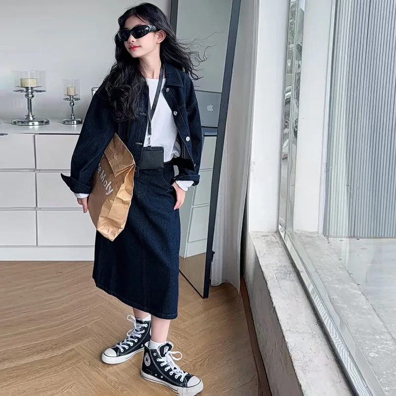 

Джинсовый наряд из 2 предметов для девочек, осеннее корейское детское однобортное пальто с отложным воротником для девочек-подростков, комплект для девочек 4–14 лет, костюм для девочек