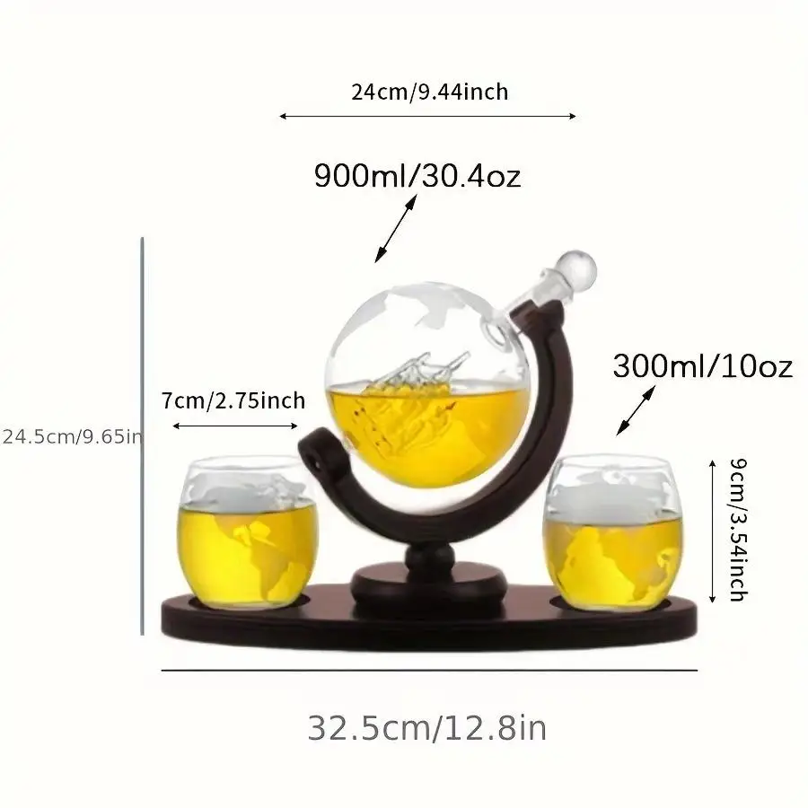 Globe Whiskey Decanter Set with 2 Glasses | Crystal Clear Barware for Bourbon, Rum, Scotch | Gift for Men & Dad