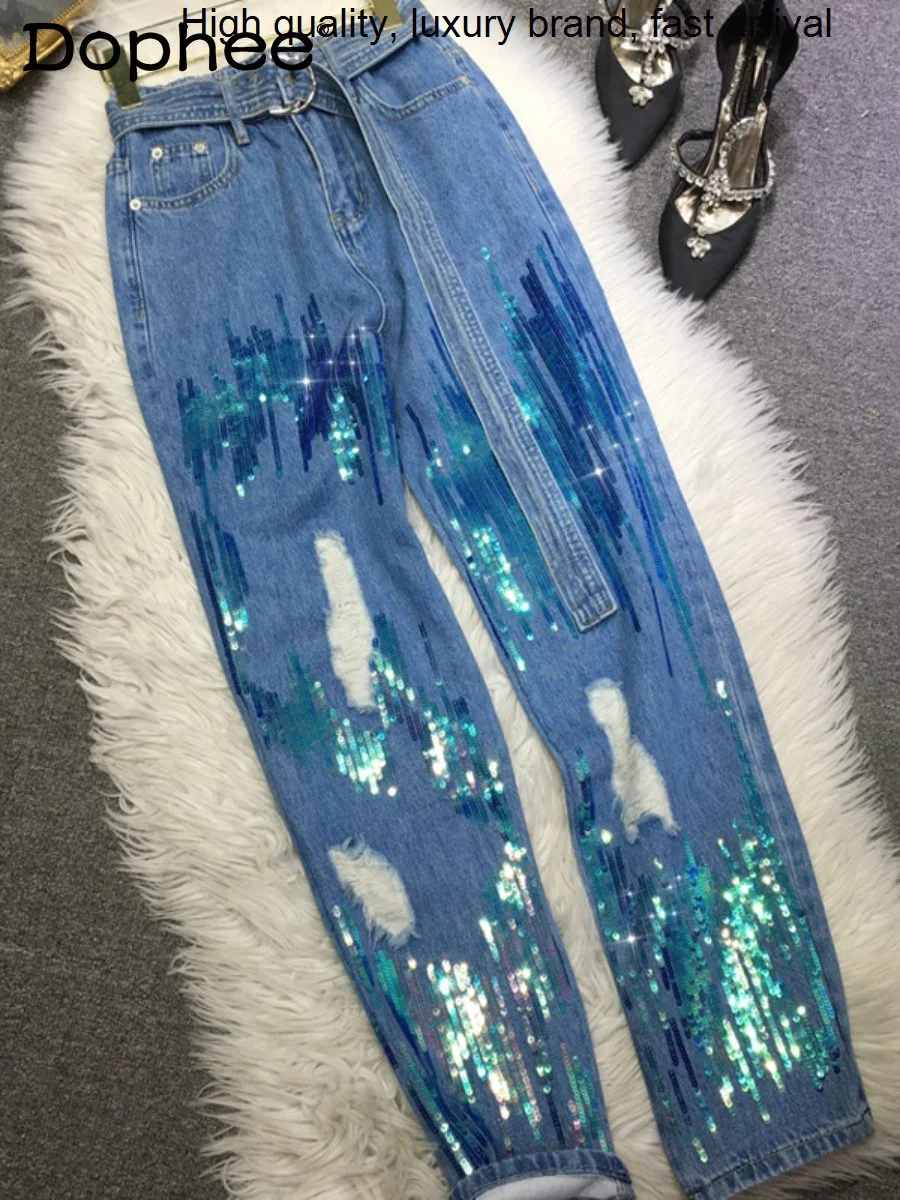 Industry Manual Heavy Sequined Denim Pants Women Elastic High Waist Slimming Ripped Jeans 2023 Spring New Baggy Pantalon Female