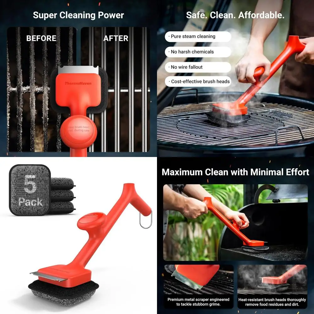 

17-Inch Steam-Free BBQ Grill Cleaning Brush with 5 Heads for Porcelain, Gas, and Charcoal Grills