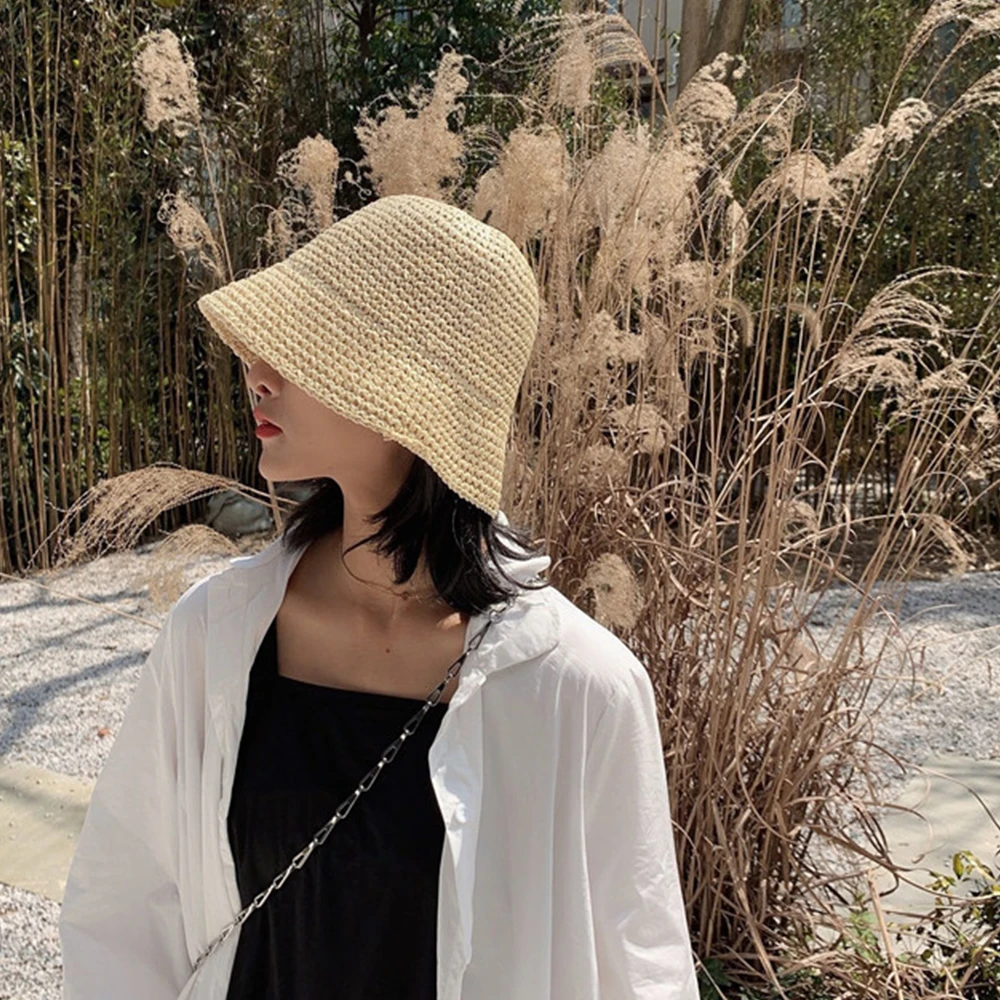 Women Fisherman Hat  Fashion Straw Beach Hat Casual Vacation Summer Sunscreen Hats Hand-woven Bucket