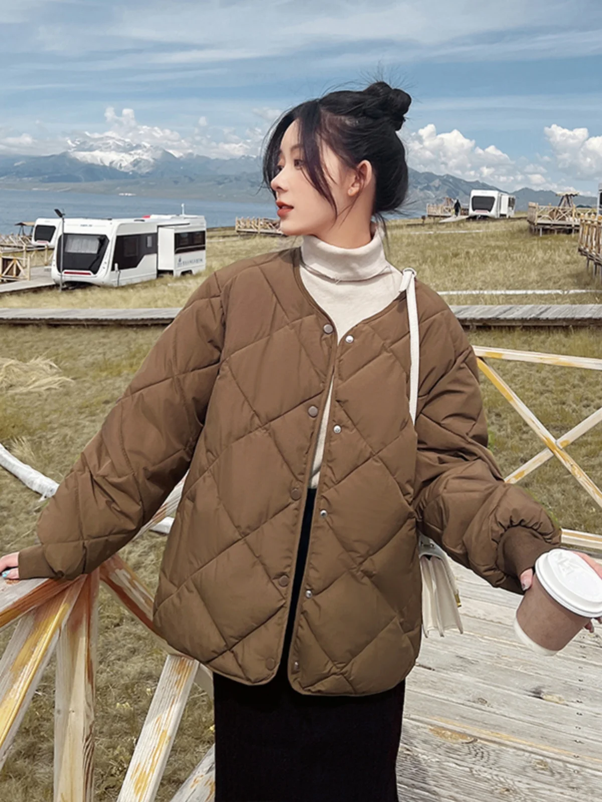 

Spring 2024 Women's Loose Diamond id round Ne down Cotton Jaet ort Sle College Sle Cotton Coat Polyester Fabric