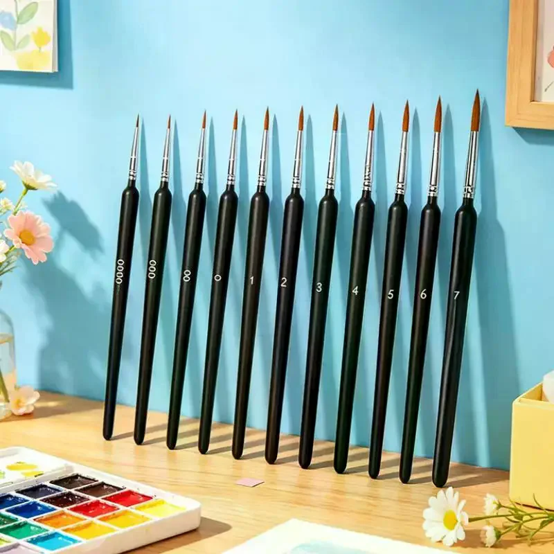 11Pcs Wood Fine Tip Liner Paint Brush Set Non Slip Comfort Grip Assorted Sizes For Watercolor Acrylic Painting Nail Art