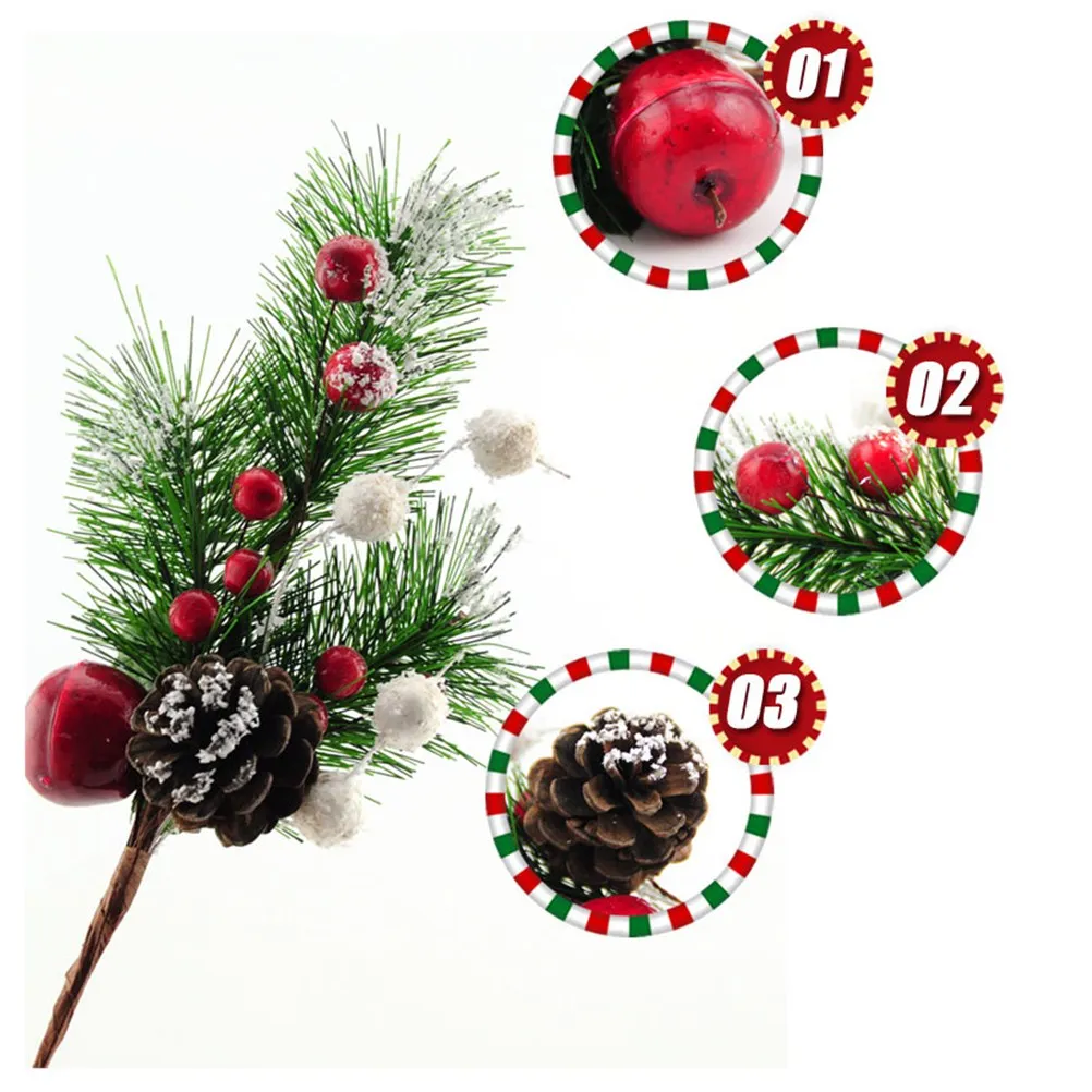 

8pc Christmas Glitter Leaf Picks Pine Cones Red Faux Holly Berries Holiday Wreaths Centerpieces Mantle Decorations Crafting