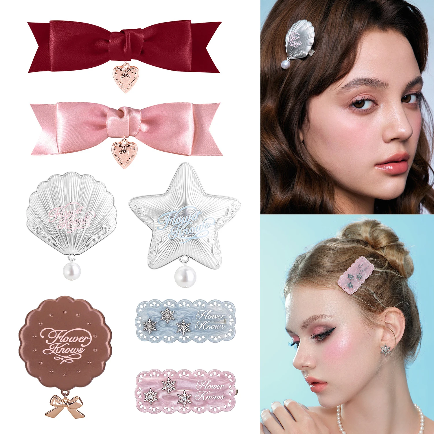 Flower Knows Sweetie Bear Shell Jewel Strawberry Cupid Hair Clip Cute Kawaii Vintage Hairpin Elegant Aesthetic Hair Accessory