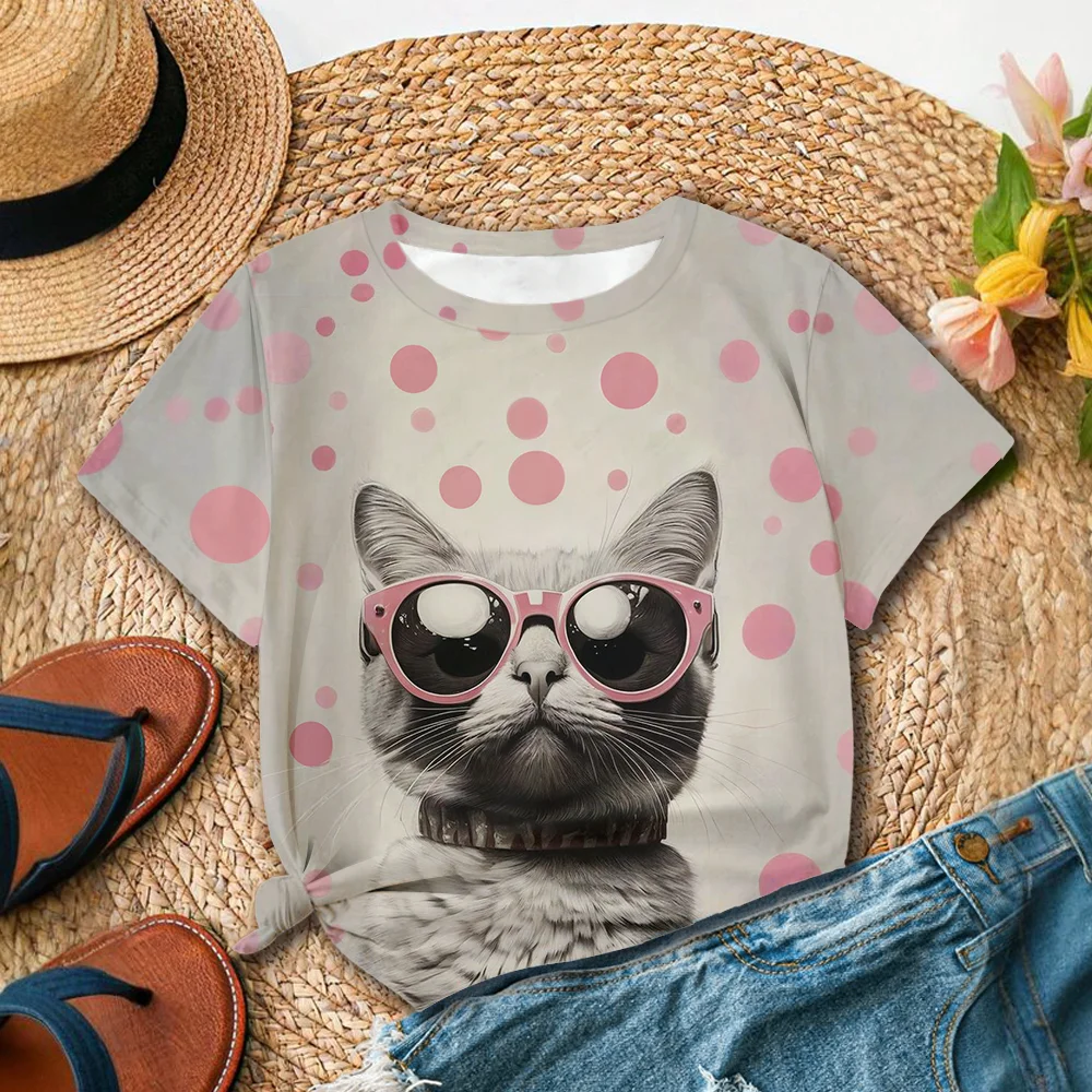 

Женская серая футболка с розовыми солнцезащитными очками Cat Design Повседневный летний стиль Топ с круглым вырезом и короткими рукавами для повседневного ношения Топы Y2k