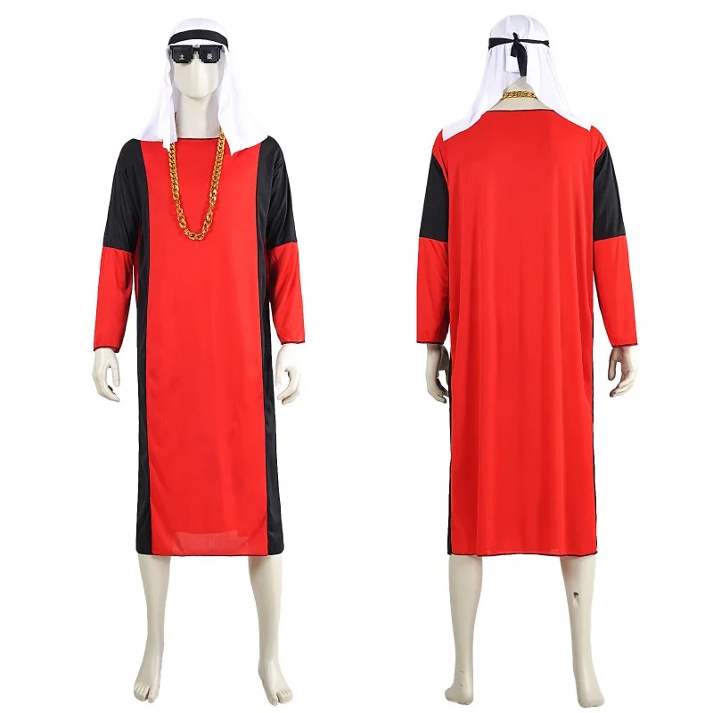 

Arabian Loween Costume Men Middle East Dubai Prince Ball Gown Black Red Robe Chain Outfit Halloween Carnival Party Costumes