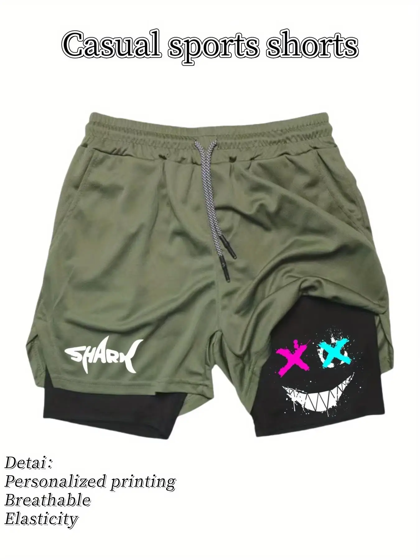 

2025 Summer Men's Double-Layer Running Training Shorts Shark joyful Graphic Print Adjustable Drawstring Waist Sports Gym HX0041