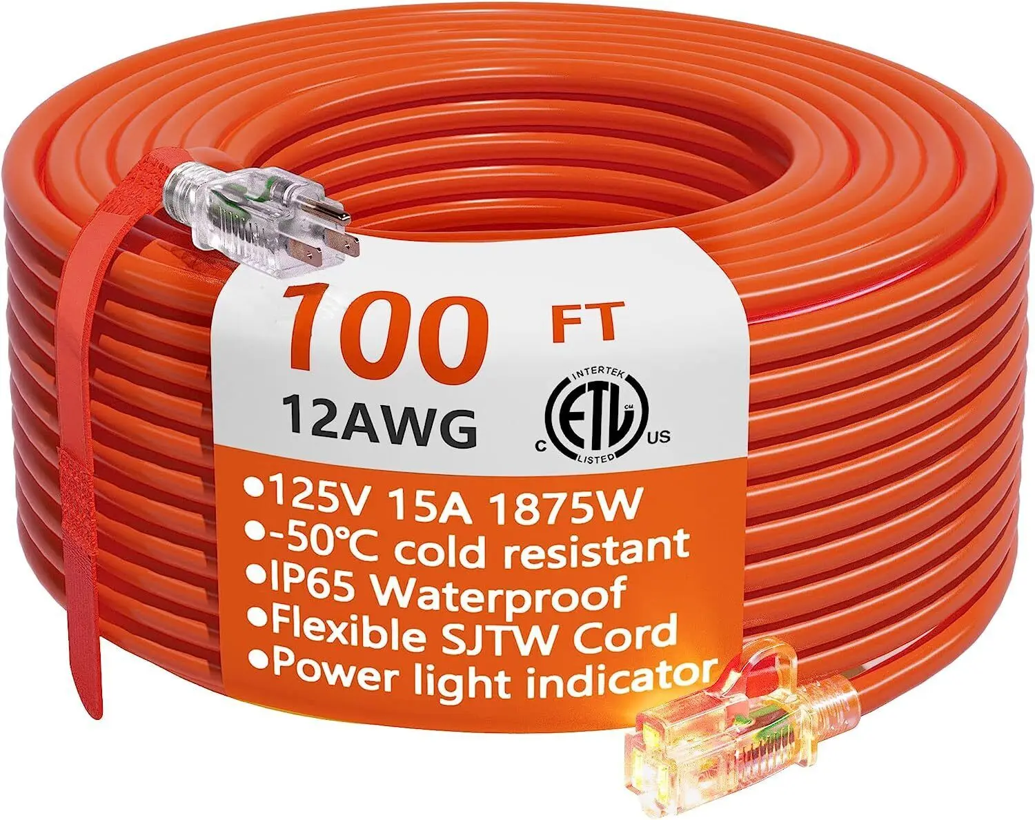 100 ft 12/3 Gauge Heavy Duty Outdoor Extension Cord Waterproof with Lighted End