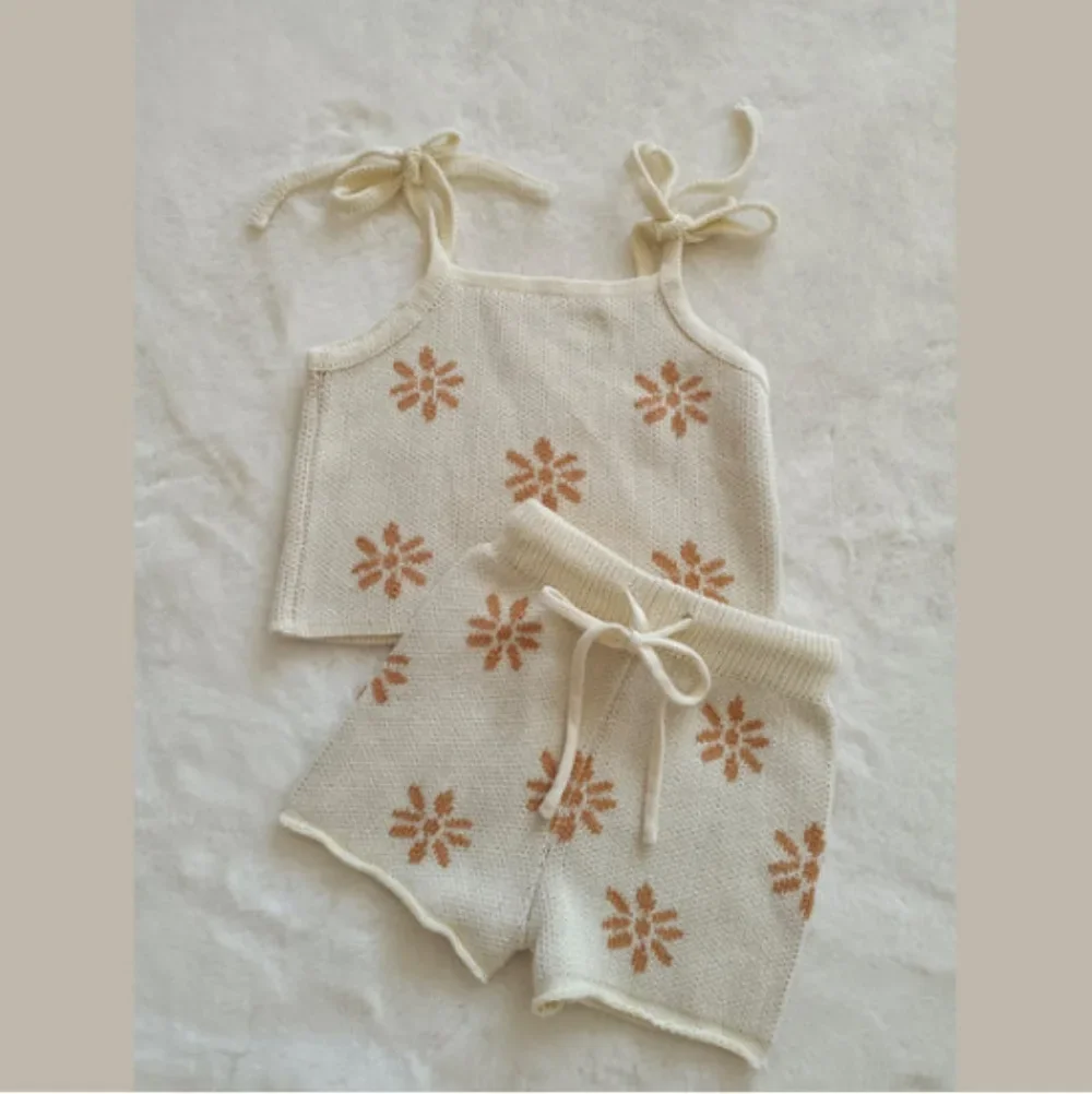 5475 Korean Baby Clothing Set Summer Autumn Girl's Suit Cotton Suspender Top+ Shorts Sweater Two-piece Suit
