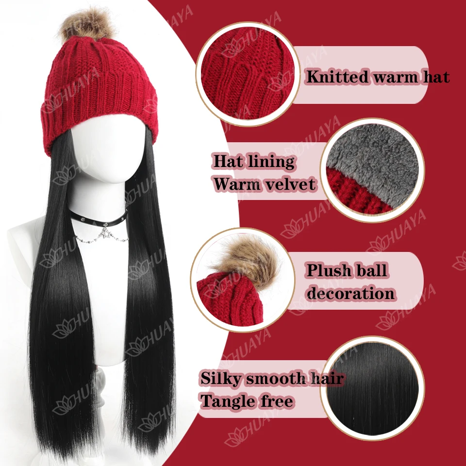 Winter Female Hat Wig With Long Straight Hair Extensions Women Synthetic Wig with Winter Cap Warm Knit Hat Wig