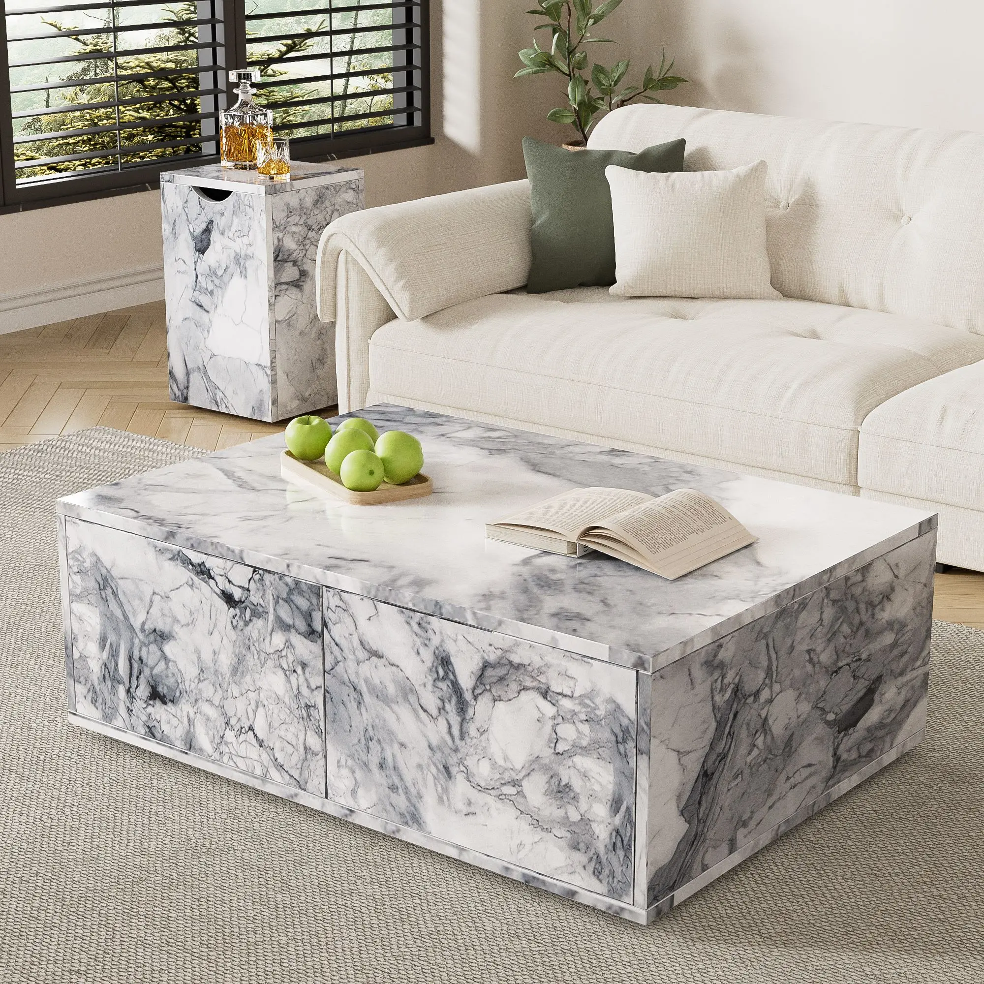 Marble Look Modular Living Room Coffee Table Set, Sofa Side Table with Ample Storage, sofa and balcony side table, Set of 2