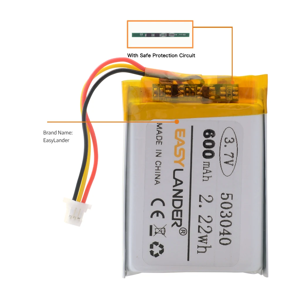 503040 3.7V 600mAh Lipo Rechargeable battery with JST 1.0mm 3 Pin Connector Lithium Polymer For Mp3 DVD Camera GPS Bluetooth