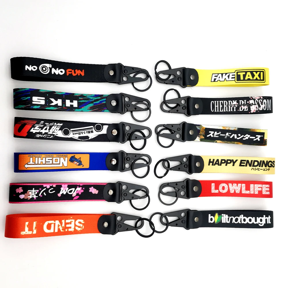 JDM chave cinta Keychain, anel Lanyard Tags, carro de reboque, motocicleta chaveiro, táxi falso, baixa vida acessórios, novo