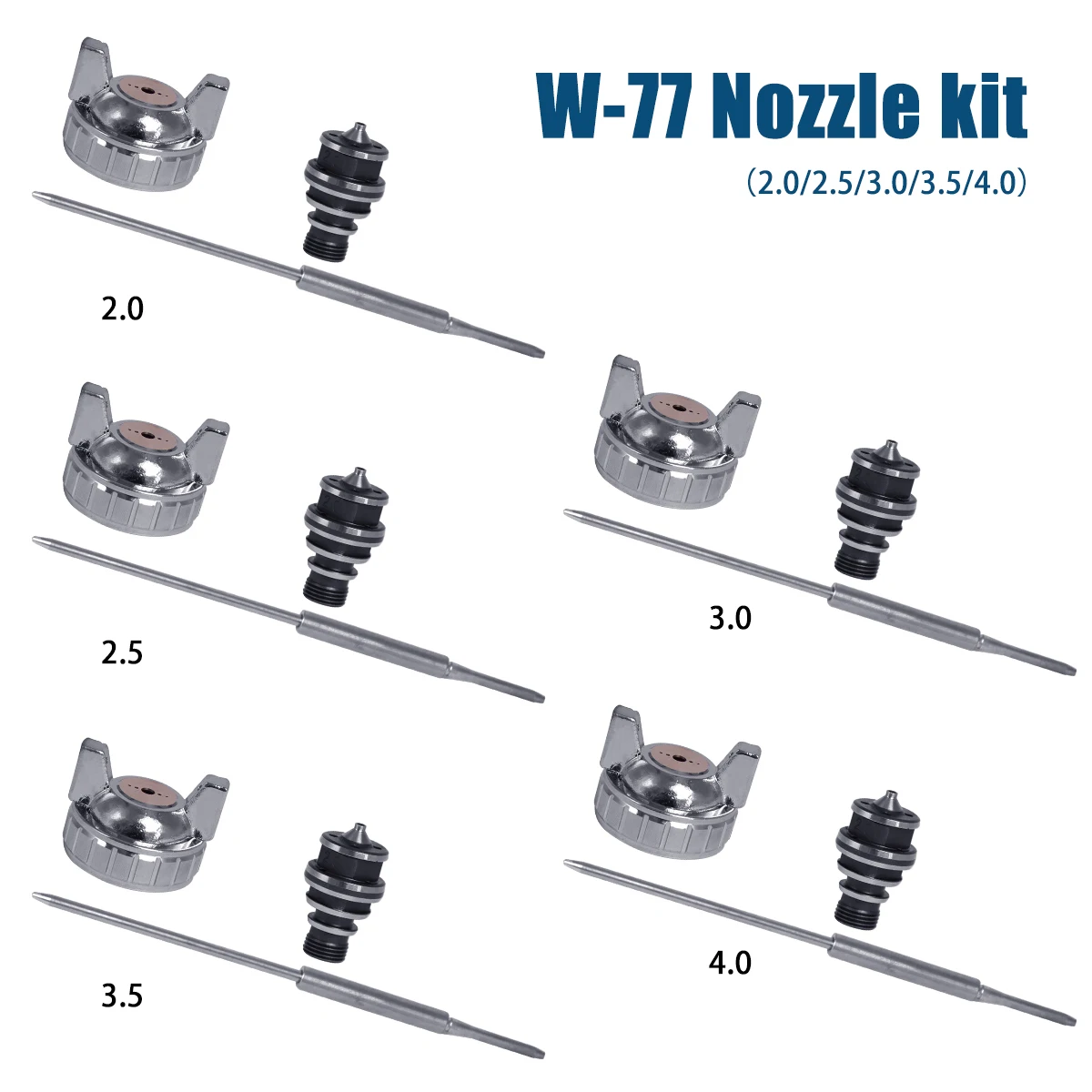 W-77 Paint Spray Gun Nozzle Kit Set 2.0/2.5/3.0/3.5/4.0mm Nozzle&Needle&Atomization Cap Replacement Accessories