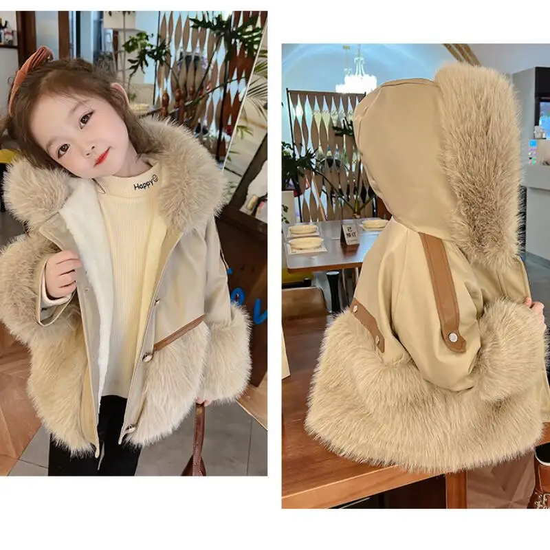 Kawaii فتاة الموضة رشاقته الفراء طوق القمم الفراء طالب الشتاء الكرتون عادية الدفء معطف مقنع سترة ملابس الأطفال #3